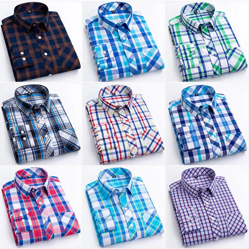 8XL 7XL Super size 100% cotton thin four seasons fashion plaid men\'s long sleeve shirt Business casual social wear free air