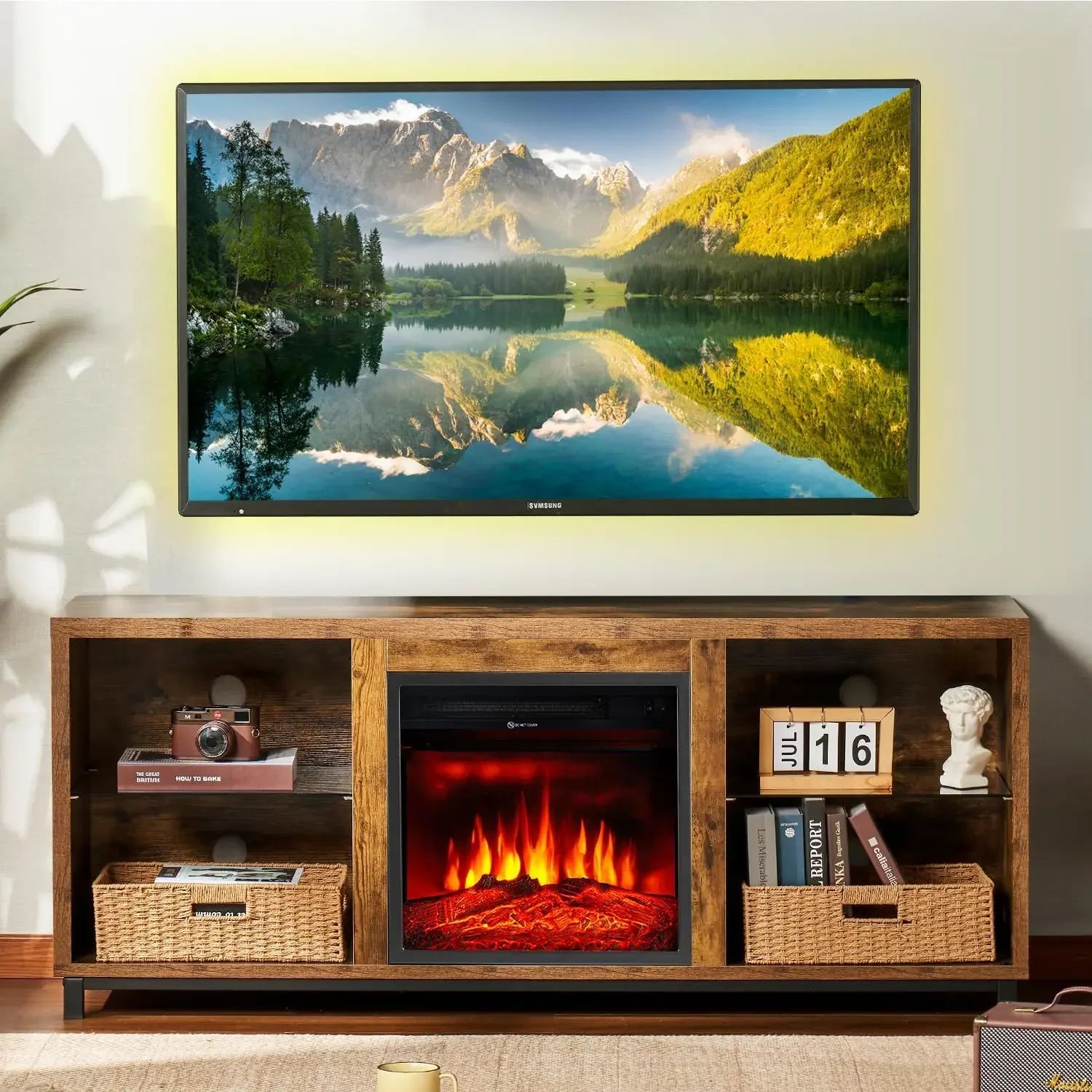 Electric Fireplace TV Stand w/ Adjustable Glass Shelves, 3D Fireplace Wood Storage Cabinet Table for TV up to 65