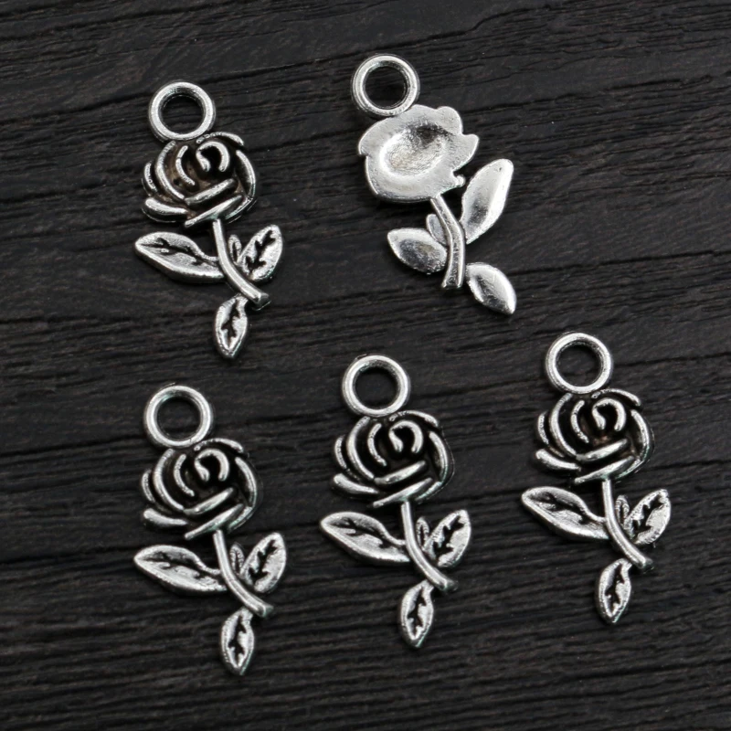 40pcs 21x10mm Antique Bronze Plated Flower Rose Handmade Charms Pendant