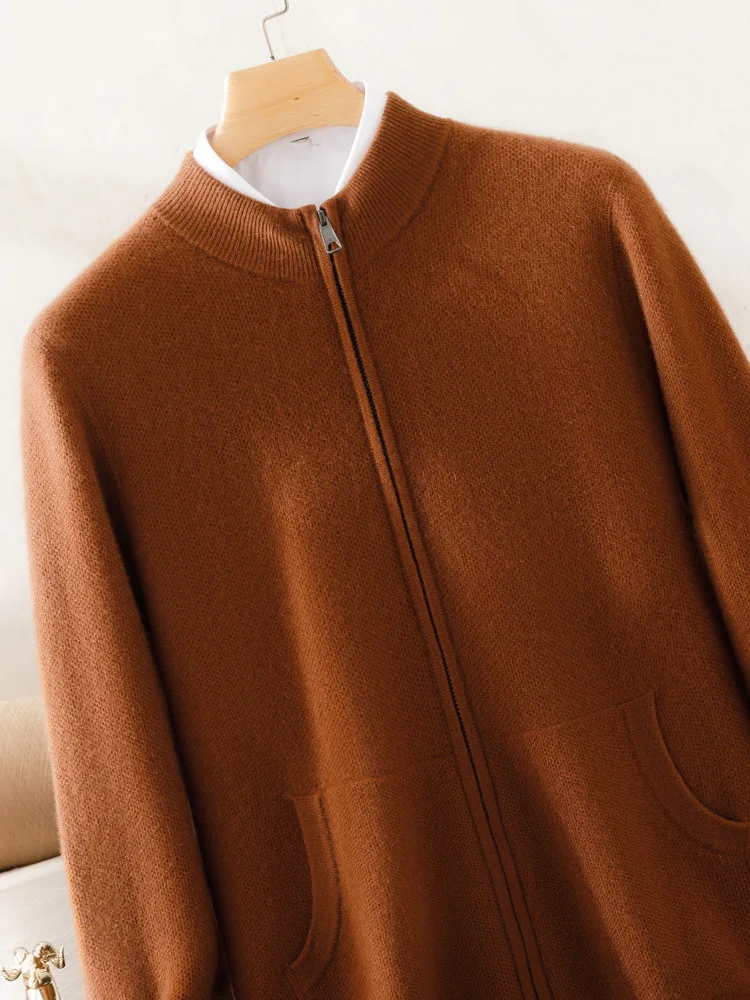 

Толстый мужской осенне-зимний классический кардиган с воротником-стойкой, повседневный свитер из 100% кашемира, мягкая теплая трикотажная одежда, топы