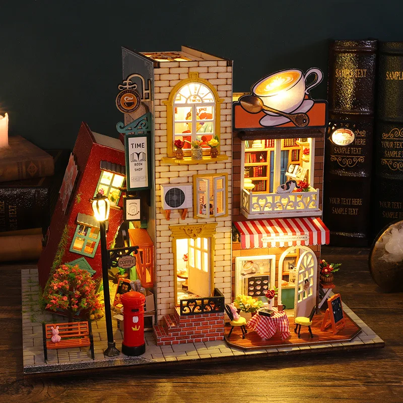 DIY Wooden Dollhouse Miniature Building Kit With Furniture Book Nook Coffee Villa Doll House Toys for Friends Birthday Gifts