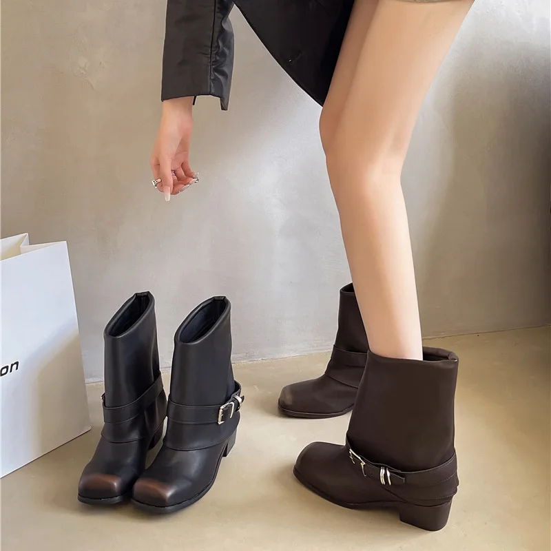 

Retro Square Head Boots Women's Autumn Winter New Color Rubbing Thick Heel Short Boots Belt Buckle Tube Slimming Pants