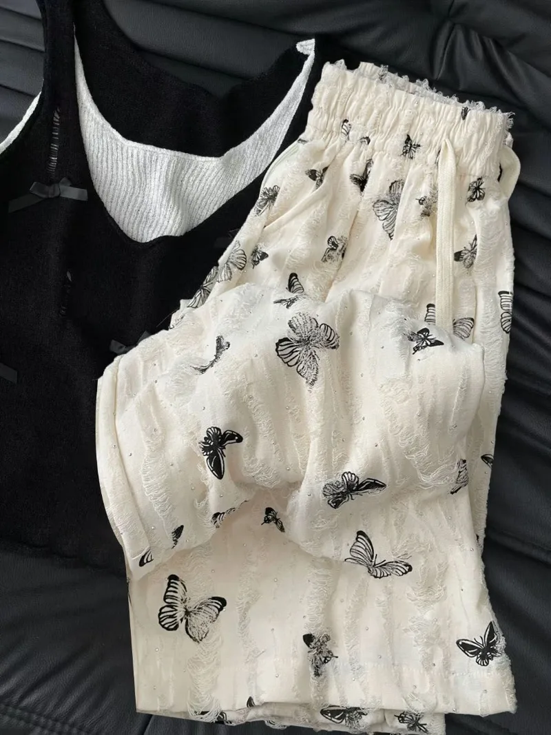 Summer Sets Women Hollow Out Knitted Bow Camis Butterfly Print Tanks Tops Overall Straight Casual Loose Pants Y2k Two Piece