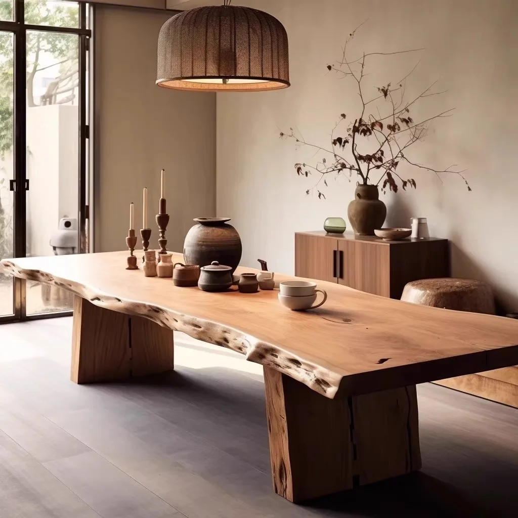 Log large board tea table tea table, solid wood conference long table, wabi sanfeng B & B long strip negotiation table