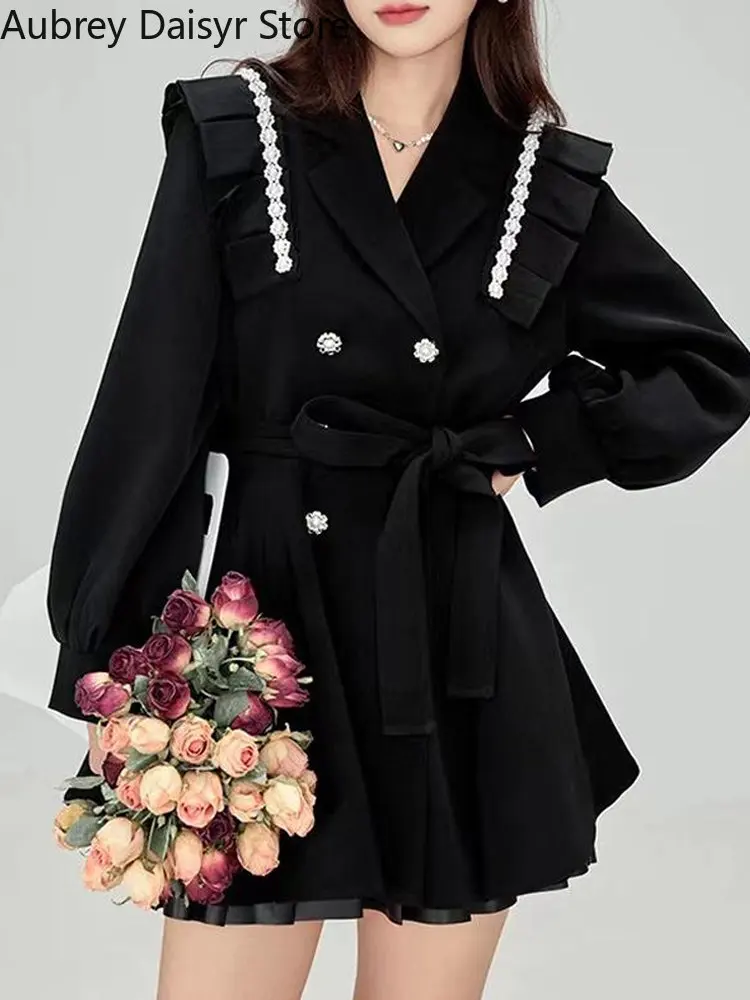 Korean Fashion Black Mini Blazer Dress Women Elegant Chic Sashes Button Design Dress Winter Casual Sexy Evening Party Dress New