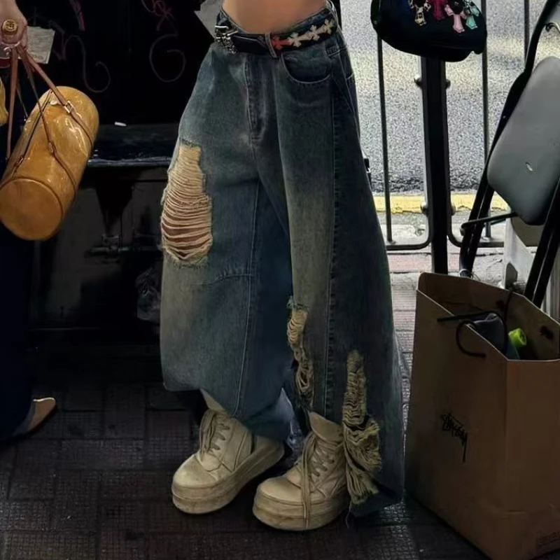 Jeans vecchi strappati da donna americani retrò High Street 2025 Harajuku pantaloni larghi dritti in denim a gamba larga streetwear pantaloni casual