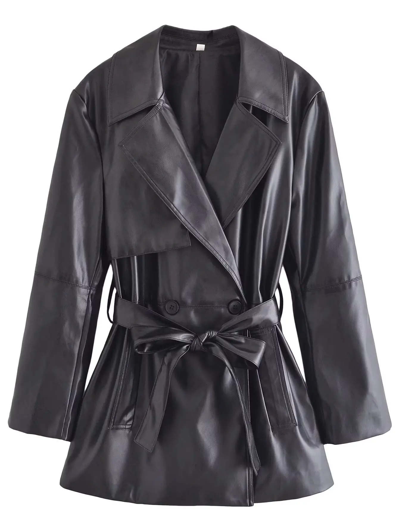 Damesmode Met Riem Faux Lederen Trenchcoat Vintage Lange Mouw Zwarte Zakken Dames Bovenkleding Chique Overjas