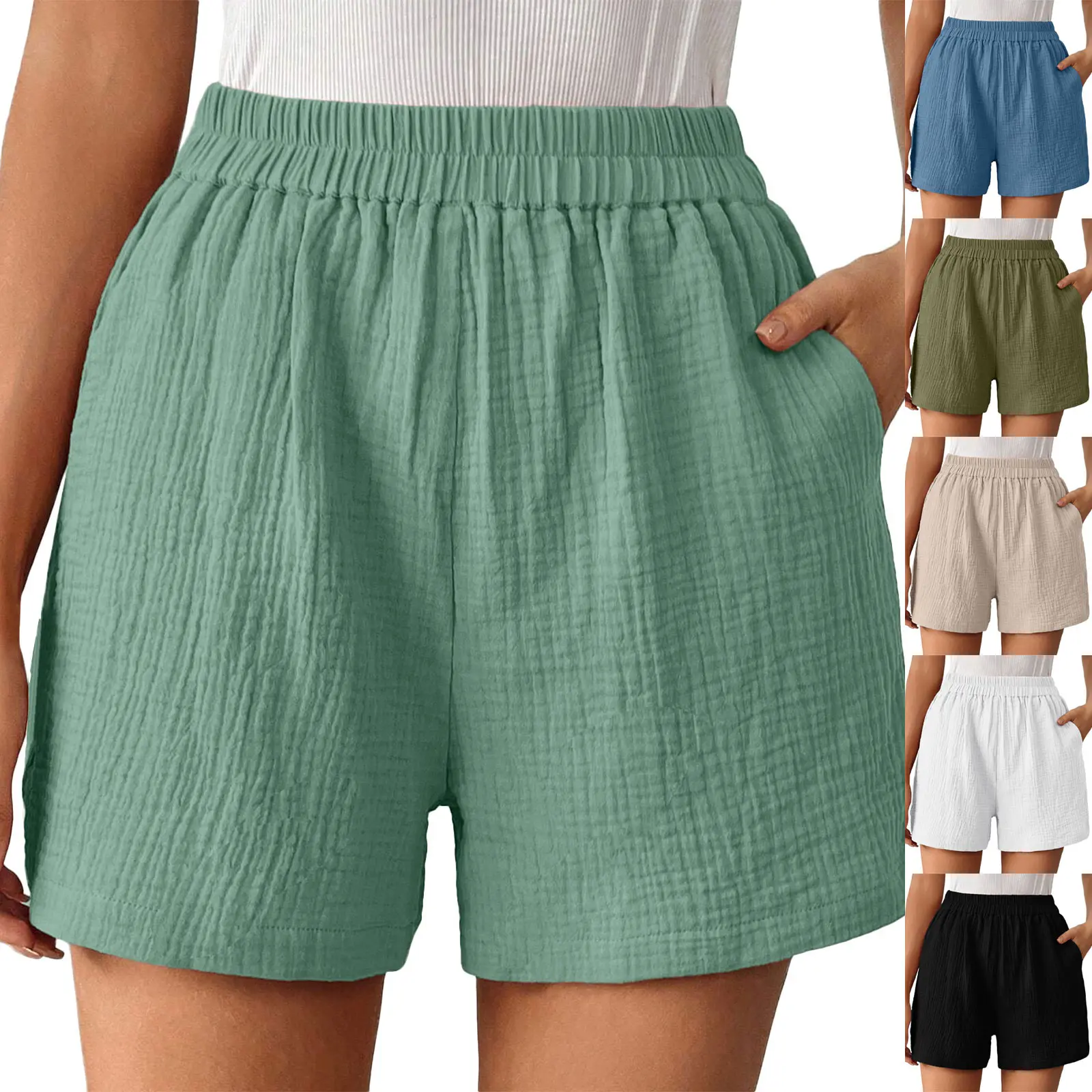 Women\'s Double Layered Cotton Pleats Shorts Straight Leg Casual Pants High Waist Sports Loose Shorts Fashion Streetwear 2024