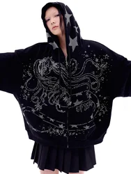 CFIERCE Women Original Design Snake Stamping Beading Hoodies Zipper Loose Cartoon Kawaii Punk Girls Sweatshirt Tops Pullover
