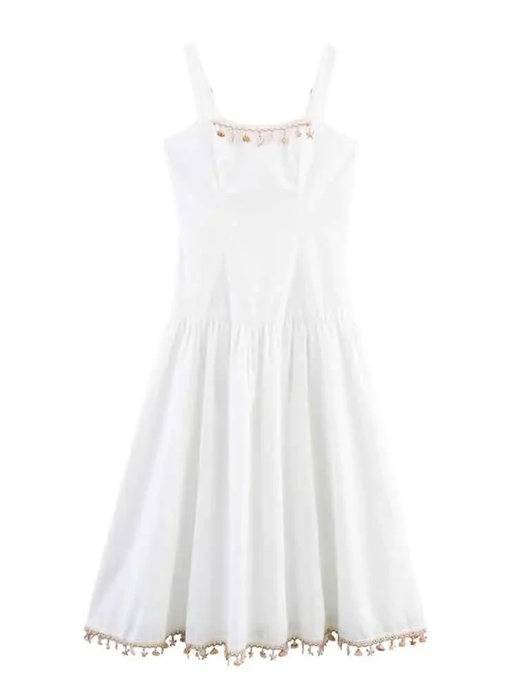 

European style women's clothing new fashion all-match temperament holiday style shell tassel waist suspender dress