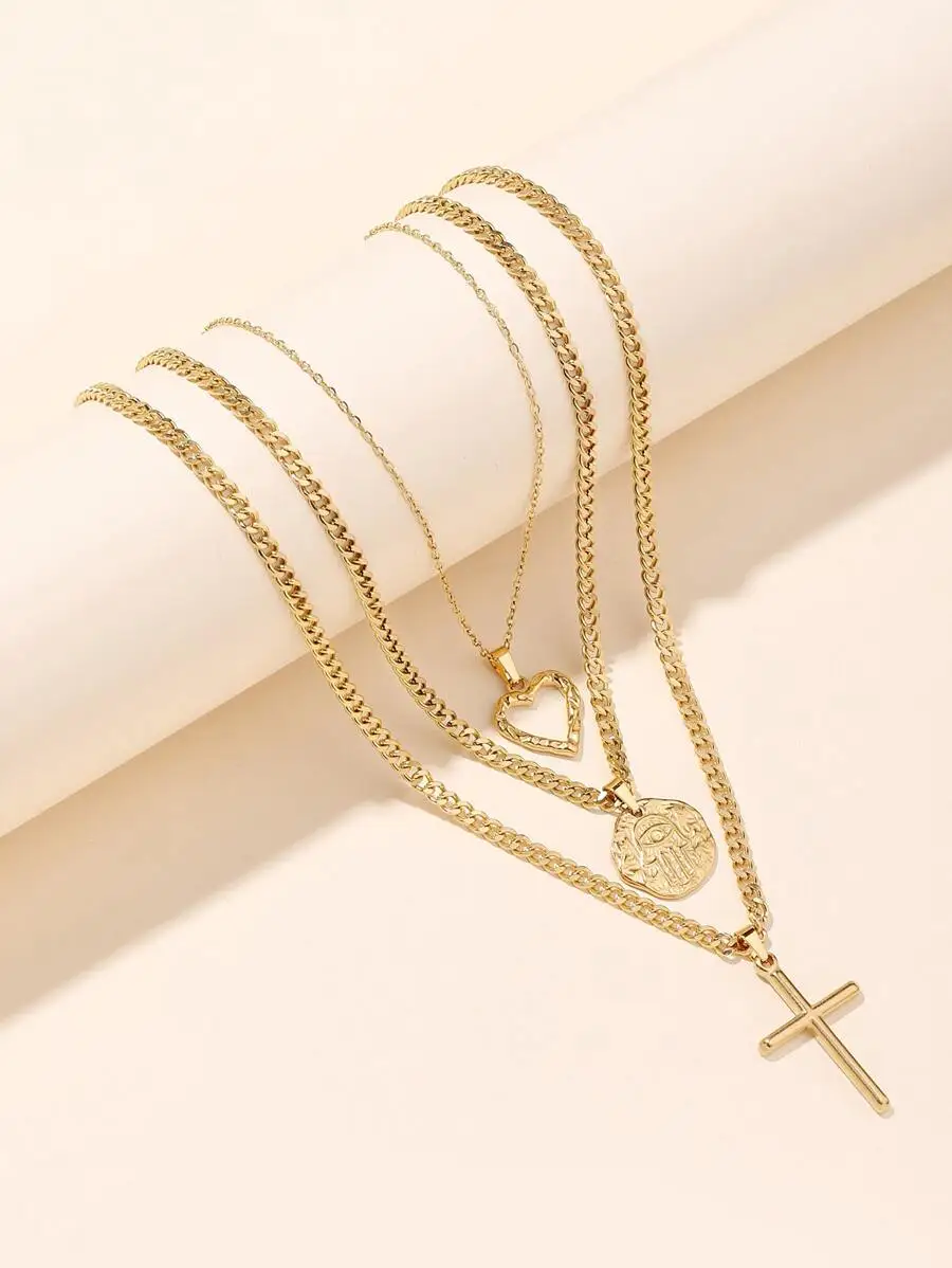 

3pcs Set Stainless Steel Layered Chain Necklaces With Cross Heart Coin Pendant For Women