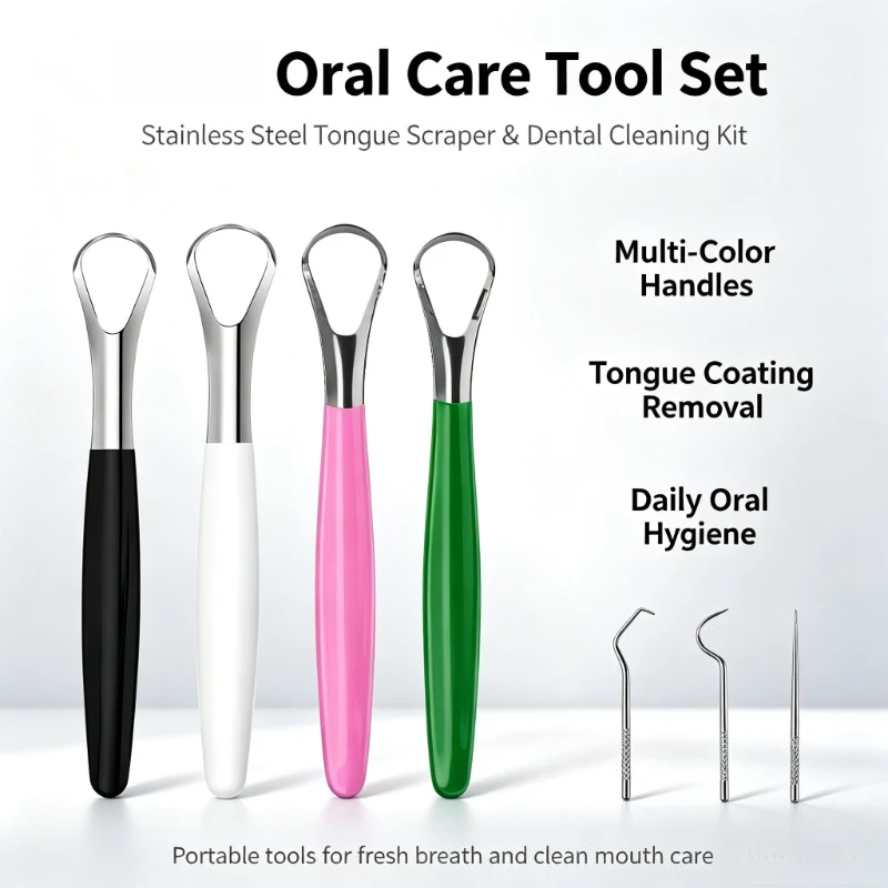 4/7Pcs Stainless Steel Tongue Scraper & Dental Pick Set,Multi-Color Handle Tongue Cleaner,Reusable Tongue Coating Remover Home