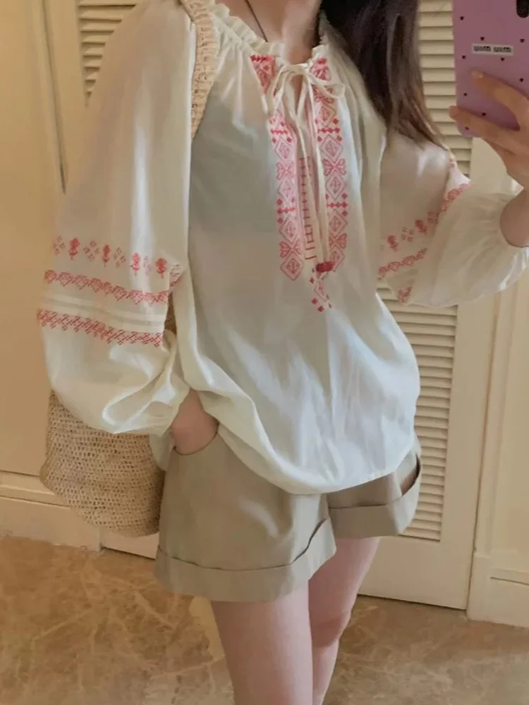 

Новая женская летняя блузка Ele с вышивкой, защитой от солнца, рукавами-фонариками, свободного кроя, с V-образным вырезом и завязками на талии