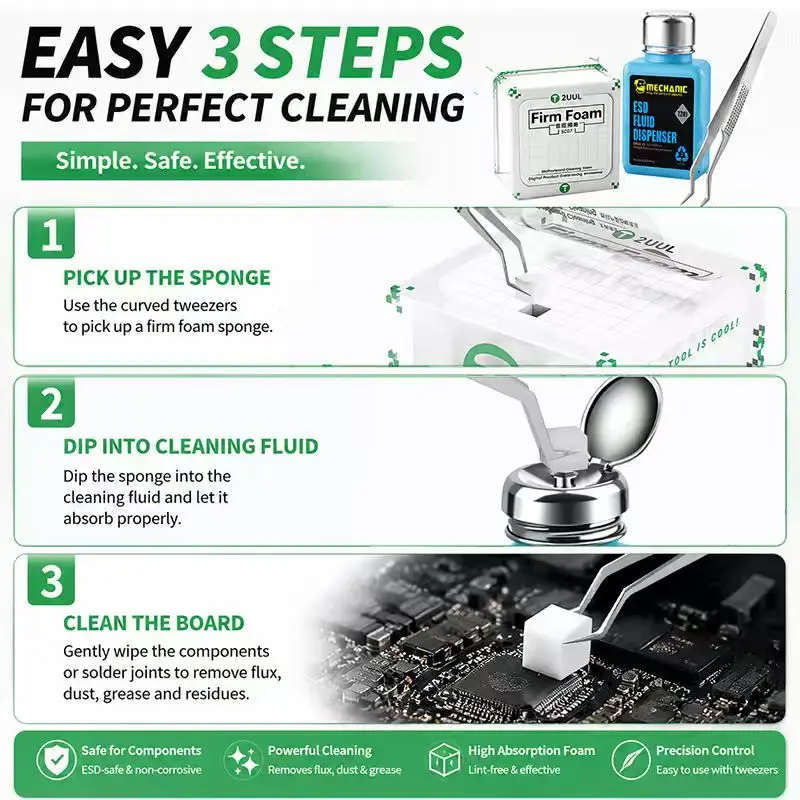 MECHANIC TZ01 Anti-static Liquid Dispenser Bottle Set Bottle 500Pcs Lint-Free Foam Sponge Tweezers for Phone Repair PCB Cleaning