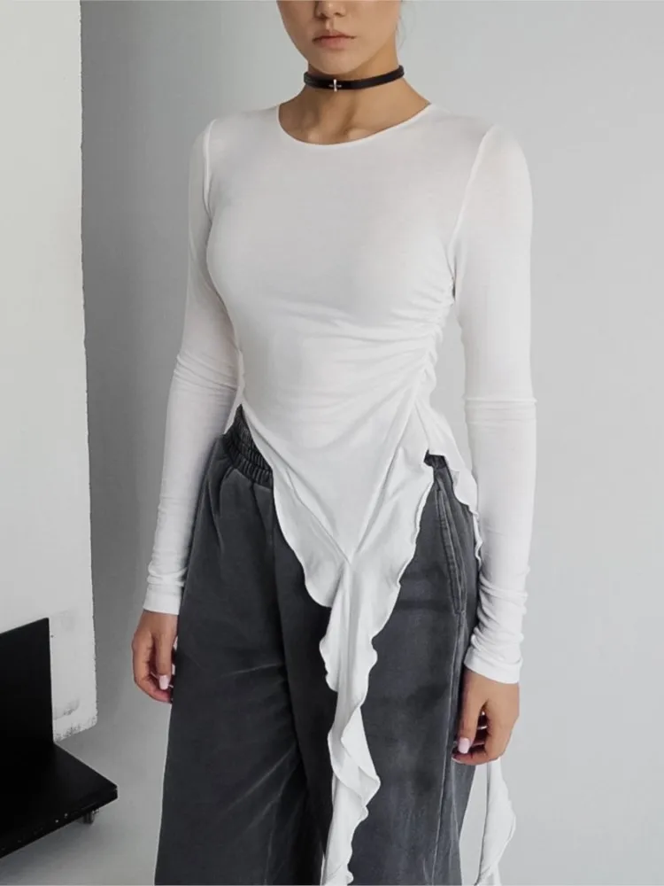 2025 Spring New Solid Color Knitted Top Fashionable Round Neck Long Sleeve Irregular Ruffle Design Slim Fit T-shirt Y2K Hot Girl