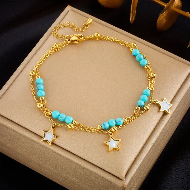 

Plated Star Shell Inlay Charm Bracelet 316L Stainless Steel Double Chain Natural Turquoise Bead Adjustable Women Boho Jewelry