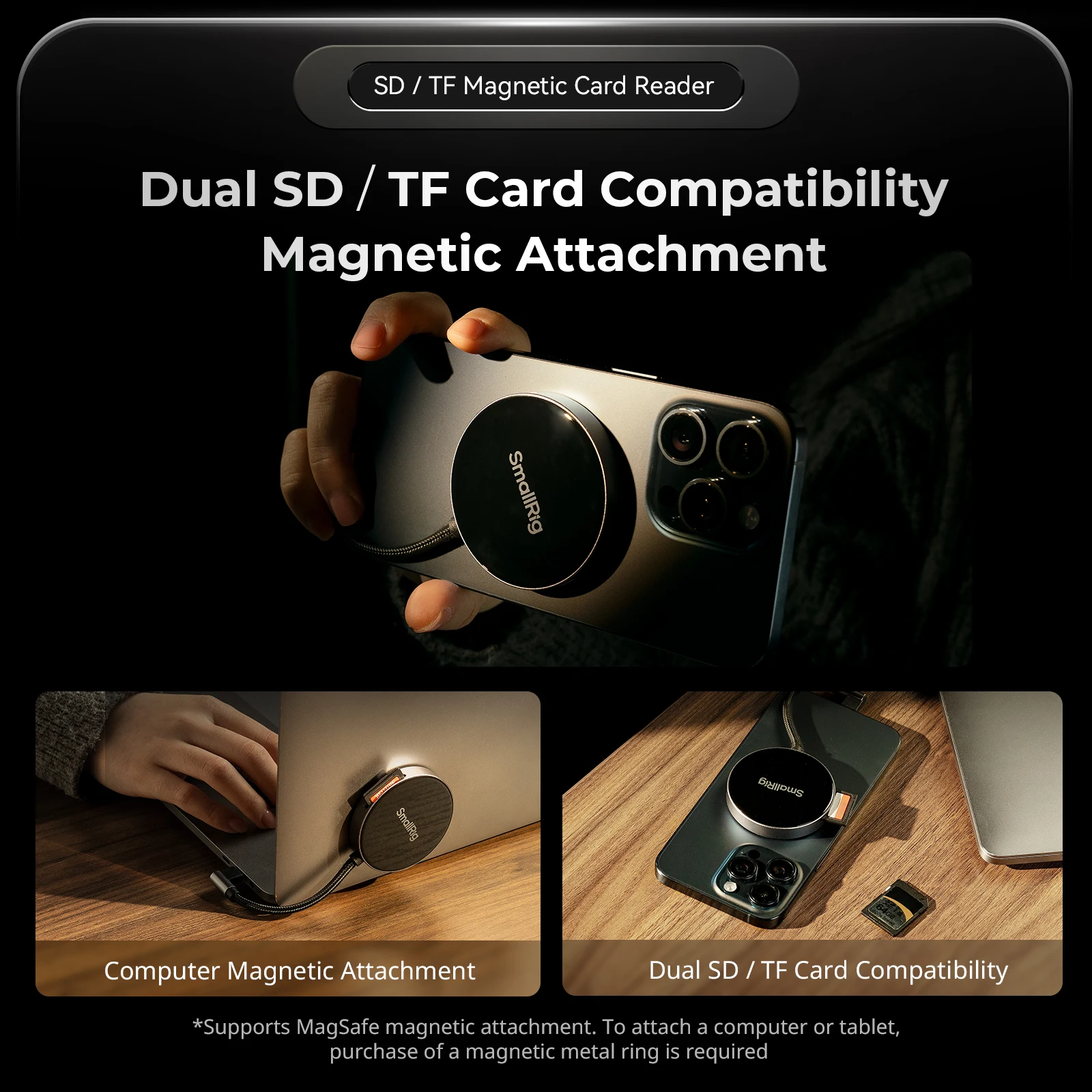 SmallRig SD3.0 / SD4.0 메모리 카드 리더기는 전화 컴퓨터용 SD, SDHC, SDXC, TF, Micro SD, Micro SDXC 및 Micro SDHC를 지원합니다.