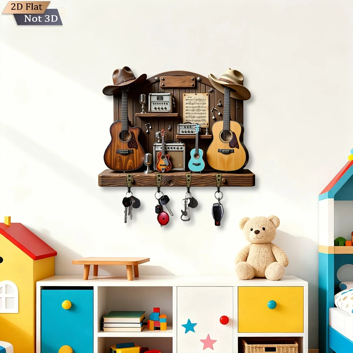 2D Flat, 1pc, Western Cowboy Music Theme Key Hook, Wooden Multifunctional Home Key Holder, with Four Metal Hooks, Wall