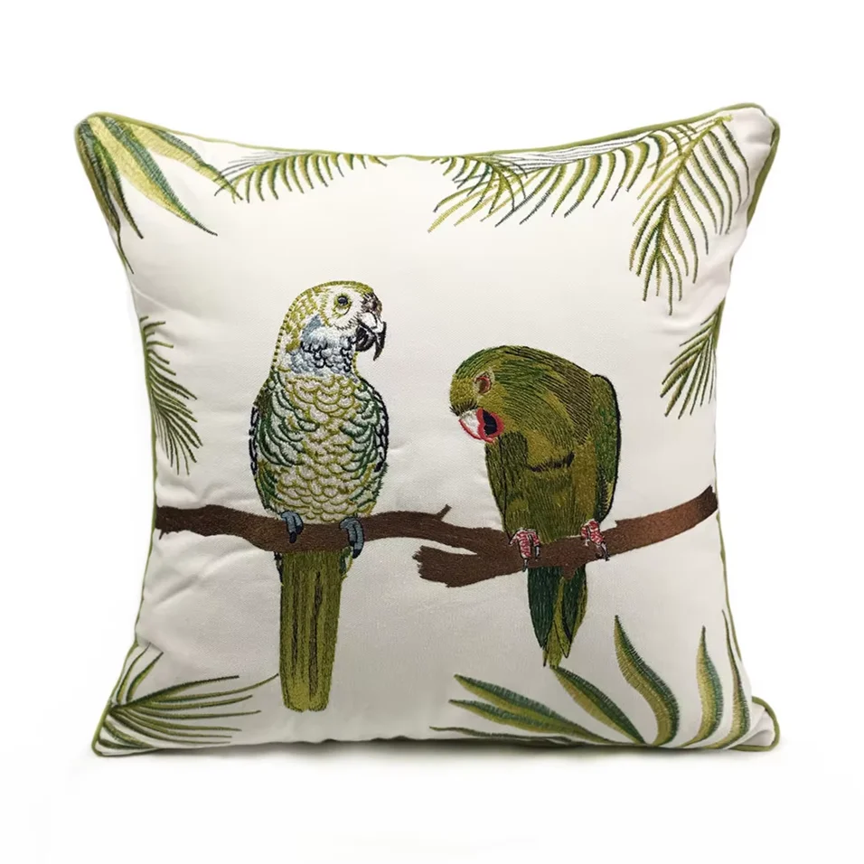 Deluxe Embroidery Parrots Plant Designer Pillow Cover Sofa Cushion Bird Canvas Home Bed Decorative Case 45 X 45cm Sell by Piece