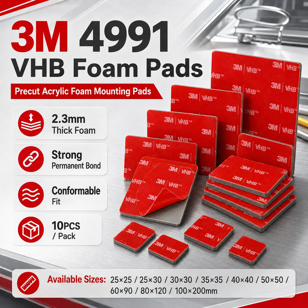 3M 4991 VHB Acrylic Foam Pads 2.3mm Thick Heavy Duty Strong Bond For Automotive Trim Panel Mounting 25x25-100x200mm