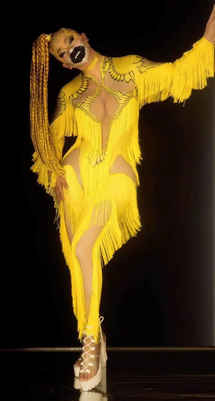 

Rhinestones yellow Tassel Stretch Skinny Jumpsuit Long Sleeve Spandex Fringe Printed Leotard Stage Wear Nightclub Party Costume