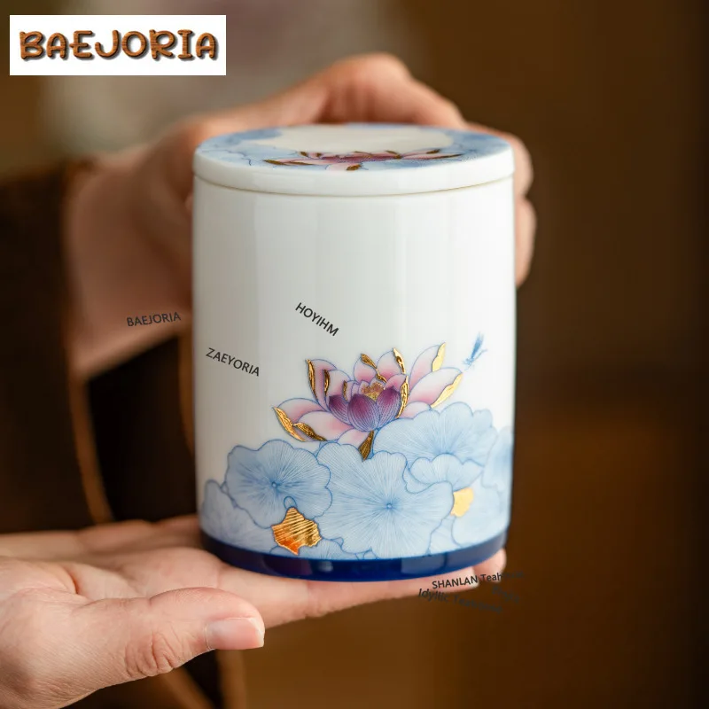 BAEJORIA Decal Gold Drawing Lotus Dragonfly Tea Box Organizer Moisture-proof Creative Storage Tank Containers Tea Caddy Teaware