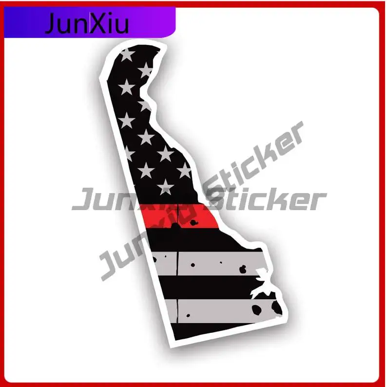

Distressed Thin Red Line Delaware State Shaped Subdued Us Flag Sticker Uv Protected Fire Firefighter Safety De Car Sticker Vinyl