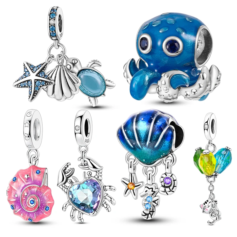 925 Sterling Silver Charms Beads Pendants Summer Ocean Turtle Beach Fruit Shell Blue Charms For Women Bracelet Jewelry Gifts New