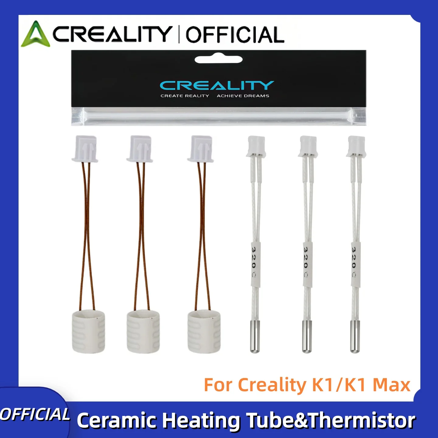 Creality K1/K1 Max Ceramic Heating Tube 320°C Thermistor Temperature Sensor High Temperature Compatible with PLA, ABS PETG TPU..