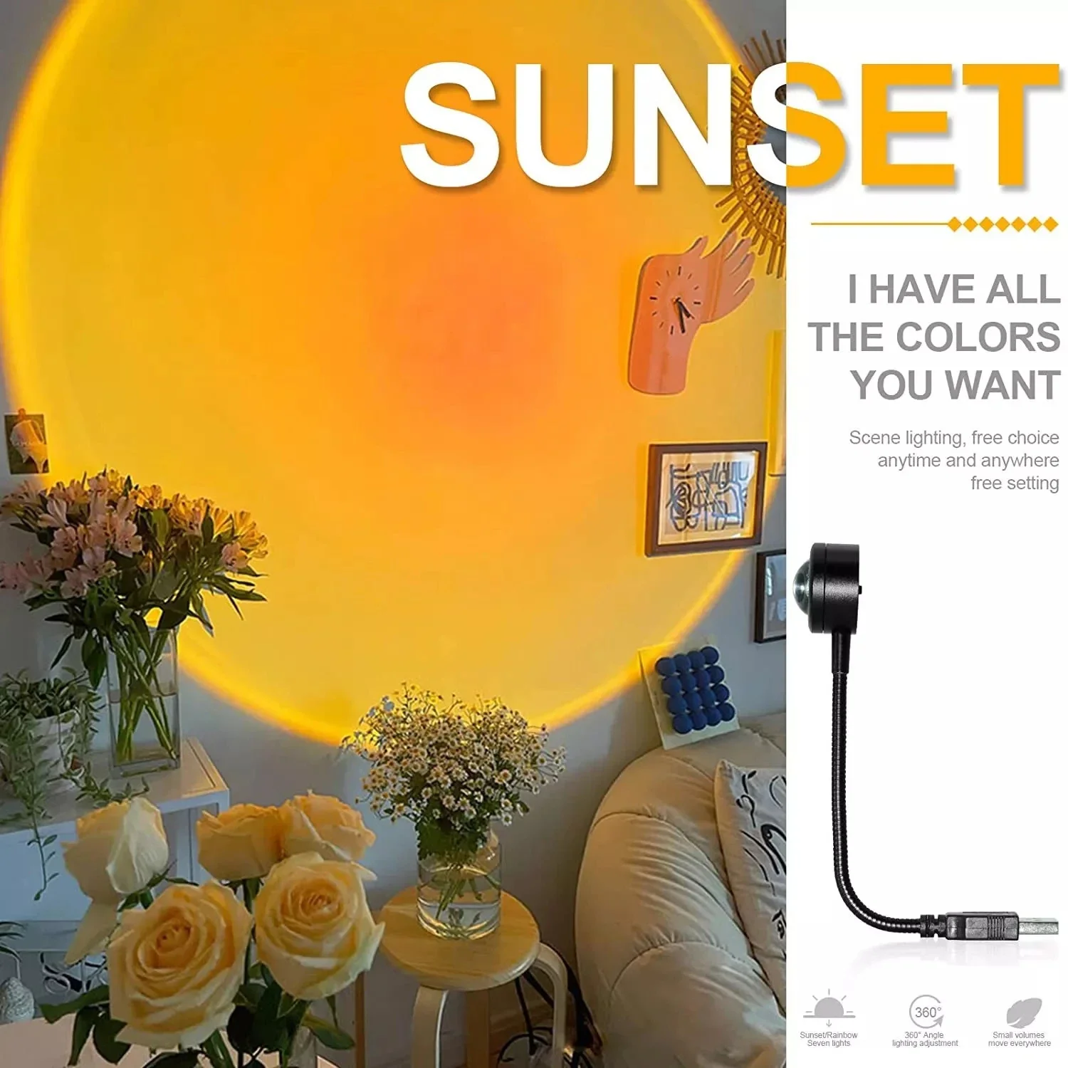 USB Sunset Projection Lamp, Sunset Light, Rainbow Atmosphere, Night Light Photography, Selfie, Coffee Store Live Wall Decoration