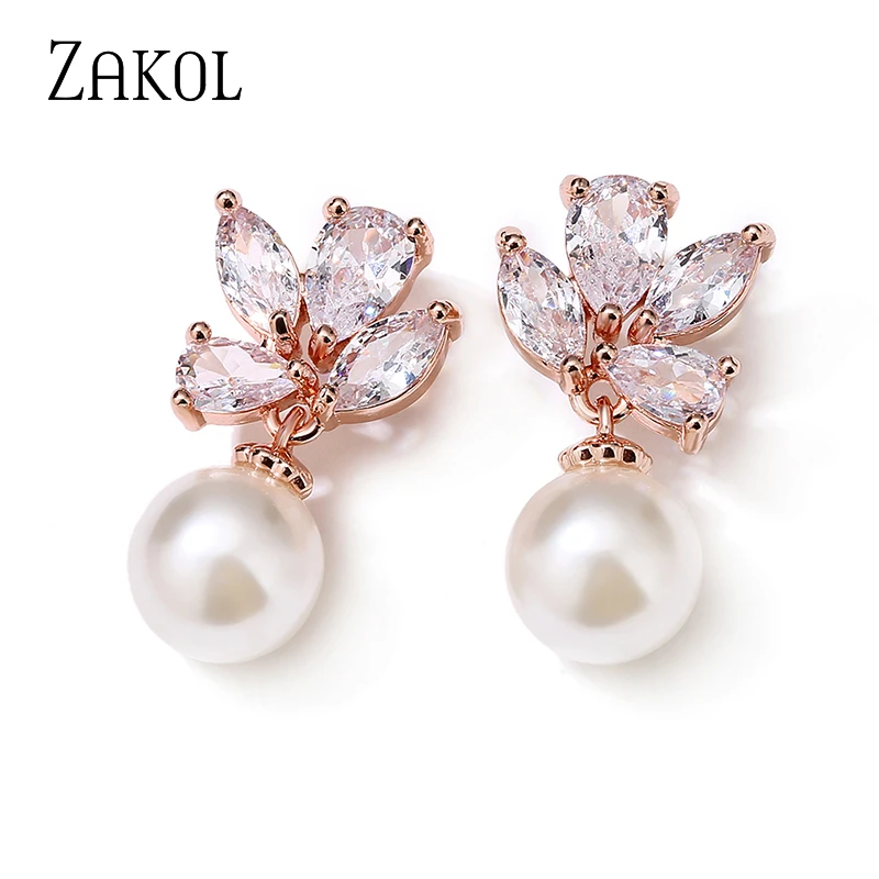 ZAKOL Classic Simple Leaf Marquis Zircon CZ Pearl Drop Earrings for Women Girls Glamour Bridal Engagement Earring Jewelry EP1137