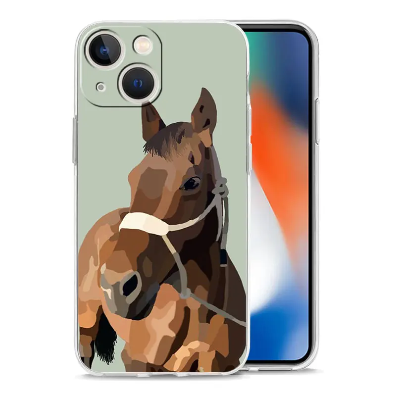 Animal Galloping Horse Girl Drawing Luxury Phone Case For iPhone 15 16 14 13 12 11 Pro Max XS X XR SE 7 8 Plus Clear Cover