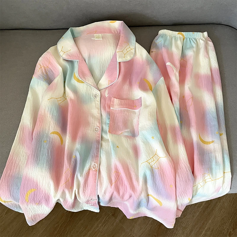 

Y2K красочные женские пижамы с принтом звезды и луны, корейская повседневная мягкая модная одежда для сна, женская милая милая новая женская пижама для сна и отдыха