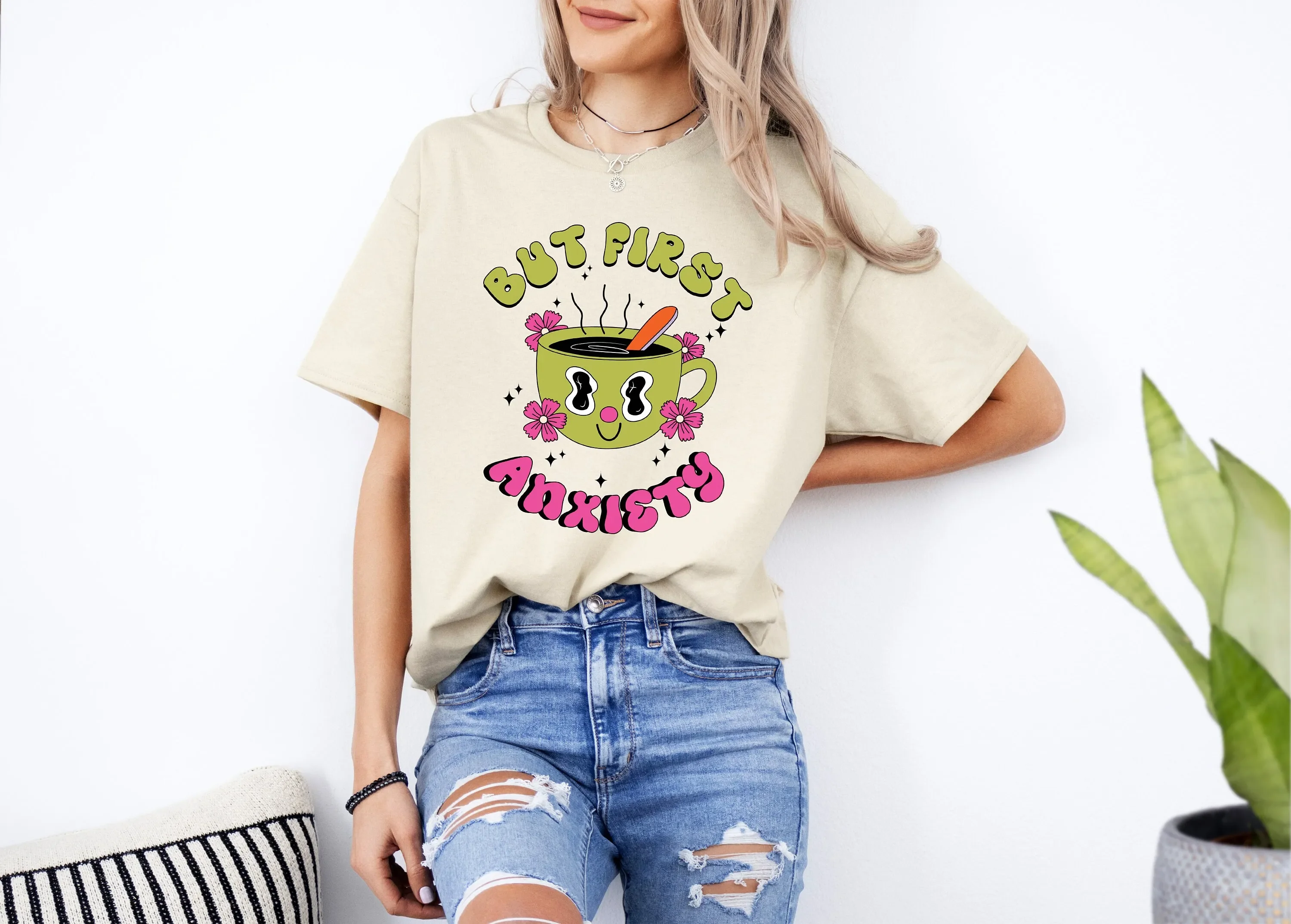 But First Anxiety T Shirt Mental Health Coffee Lover Inspirational Retro