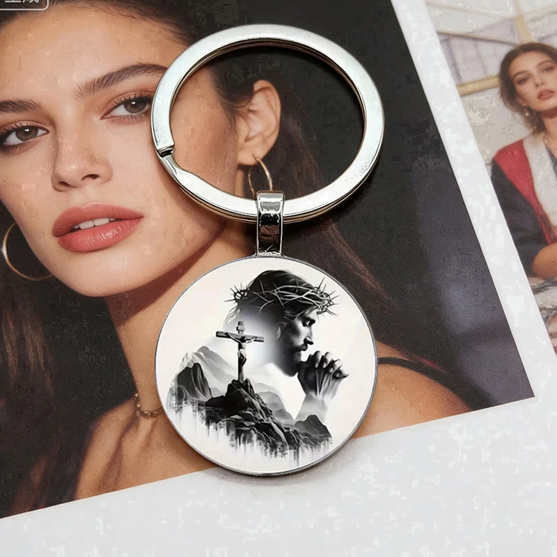 Retro style black and white cross and mountain background pattern alloy keychain with nostalgic design