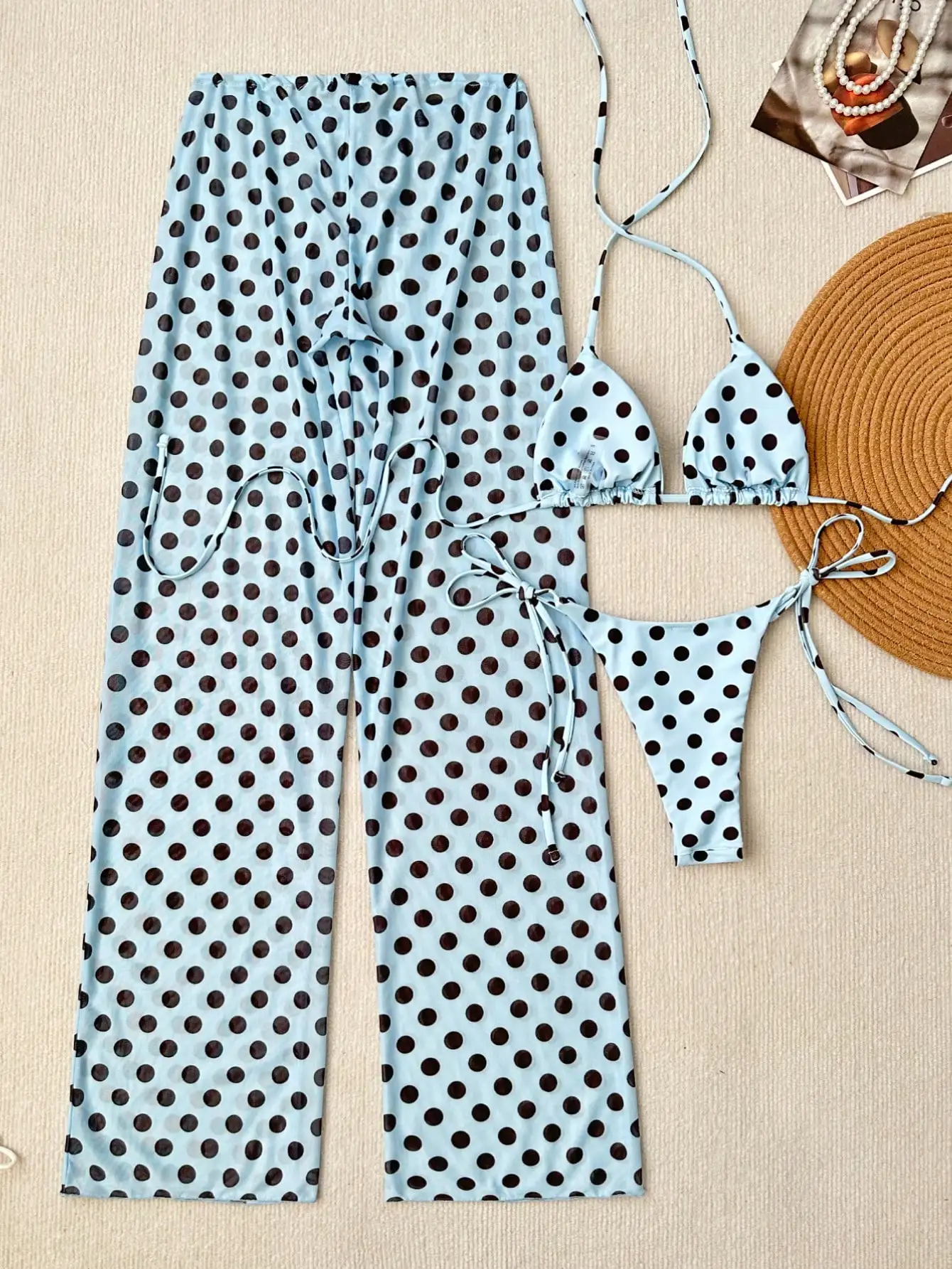 

Women 3-Piece Polka Dot Bikini Set Halter Neck Side Tie Mesh Cover-Up Pants
