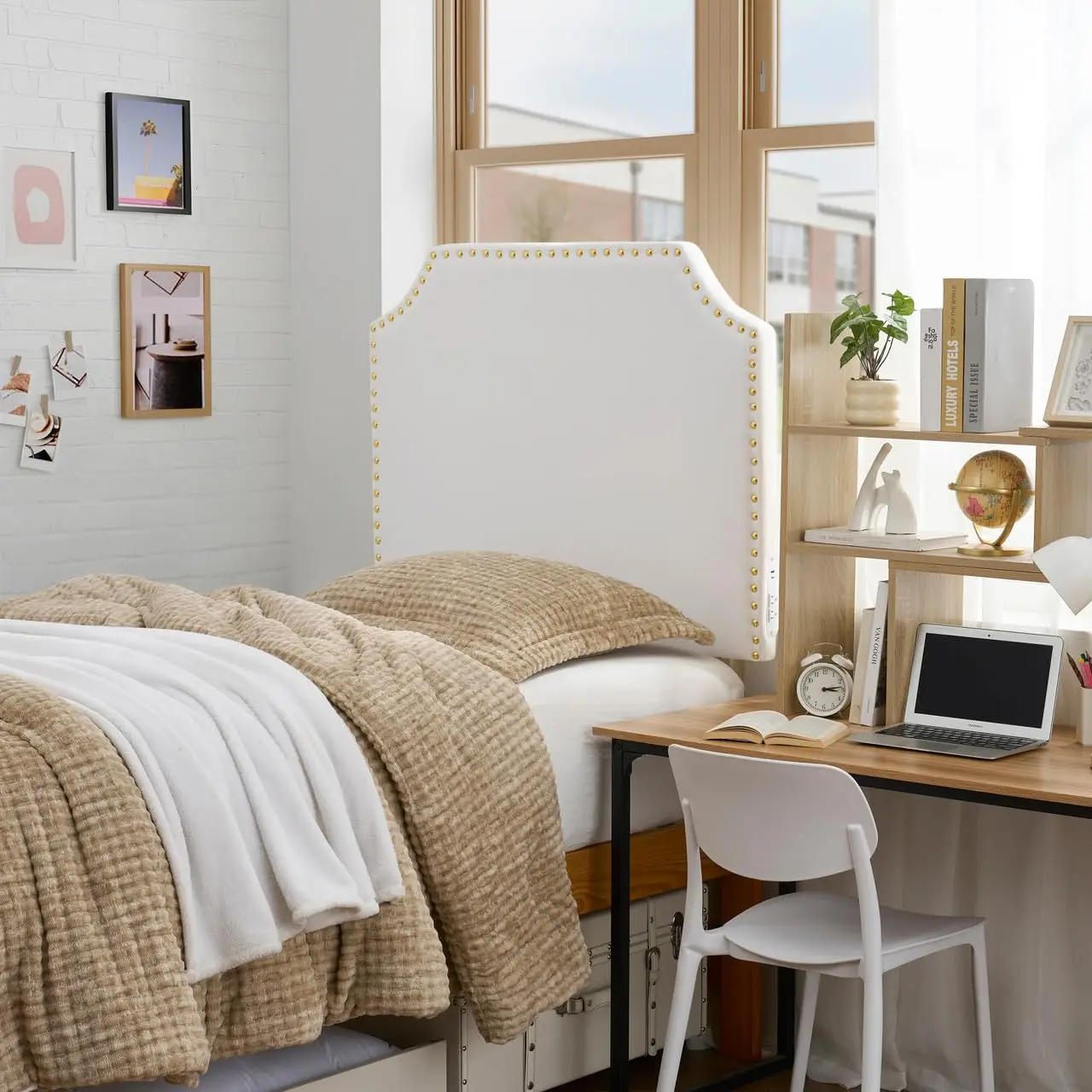 Plush Upholstered Headboard USB Outlet & Gold Rivets Right Side Dorm Bedroom White Custom