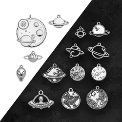 Antique Silver Plated Universe Ufo Alien Outer Space Charms Stars Pendants For Diy Jewelry Making Findings Supplies Accessories