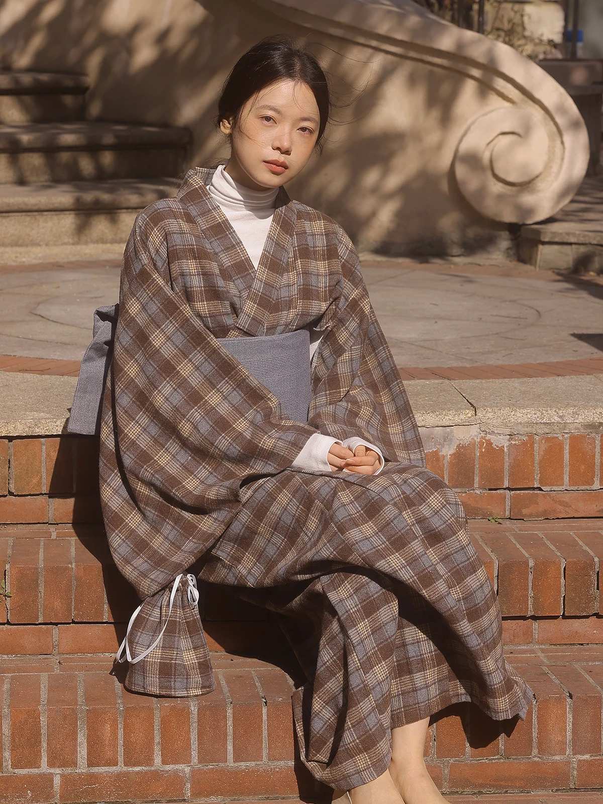 

Women's Retro Check Prints Kimono Dress Japanese Casual Style Yukata Cosplay Costume Photography Dress