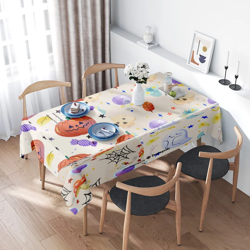 Hauntingly Cute Halloween TableclothPumpkin Spots Ghosts Print for Home Dining Room Decor Washable