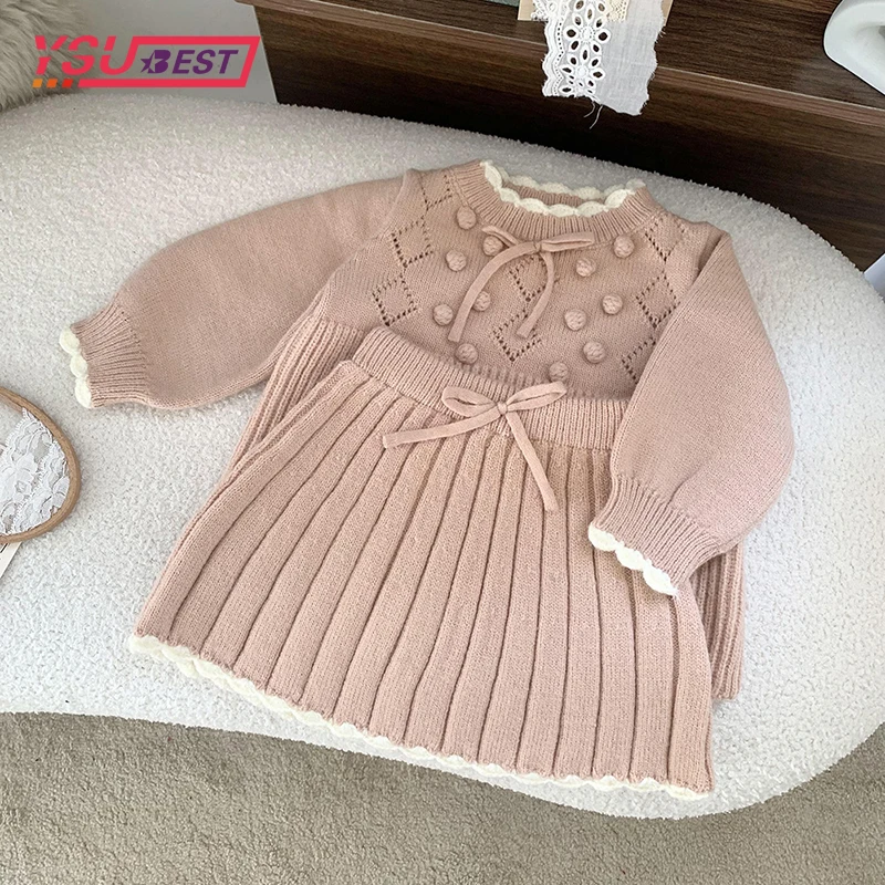 

Spring Knitted Sweet Suit Infant Clothes New Baby Girl Knitting Set Ball Knitted Pullover+Skirt 2PCS Baby New Year Party Set