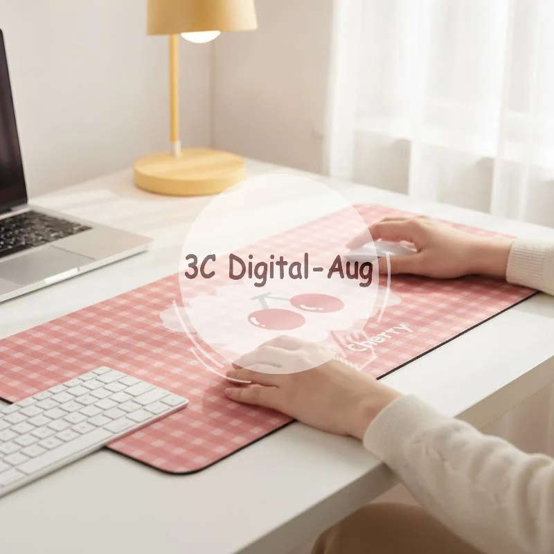 Large Extended Desk Mat Cute Cherry Pink Plaid Print Nonslip Base For Home Office Gaming Use