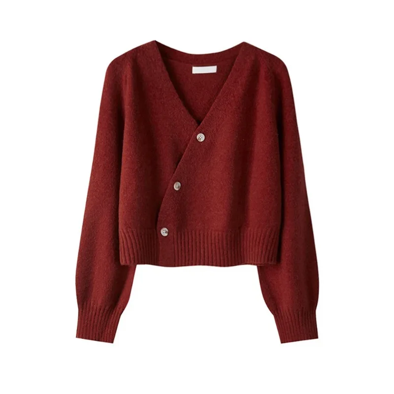 Autumn Winter Skew Button Cardigan V-neck Sweater Women Knitted Long Sleeve Tops Korean Loose Solid Cashmere Sweater for Woman