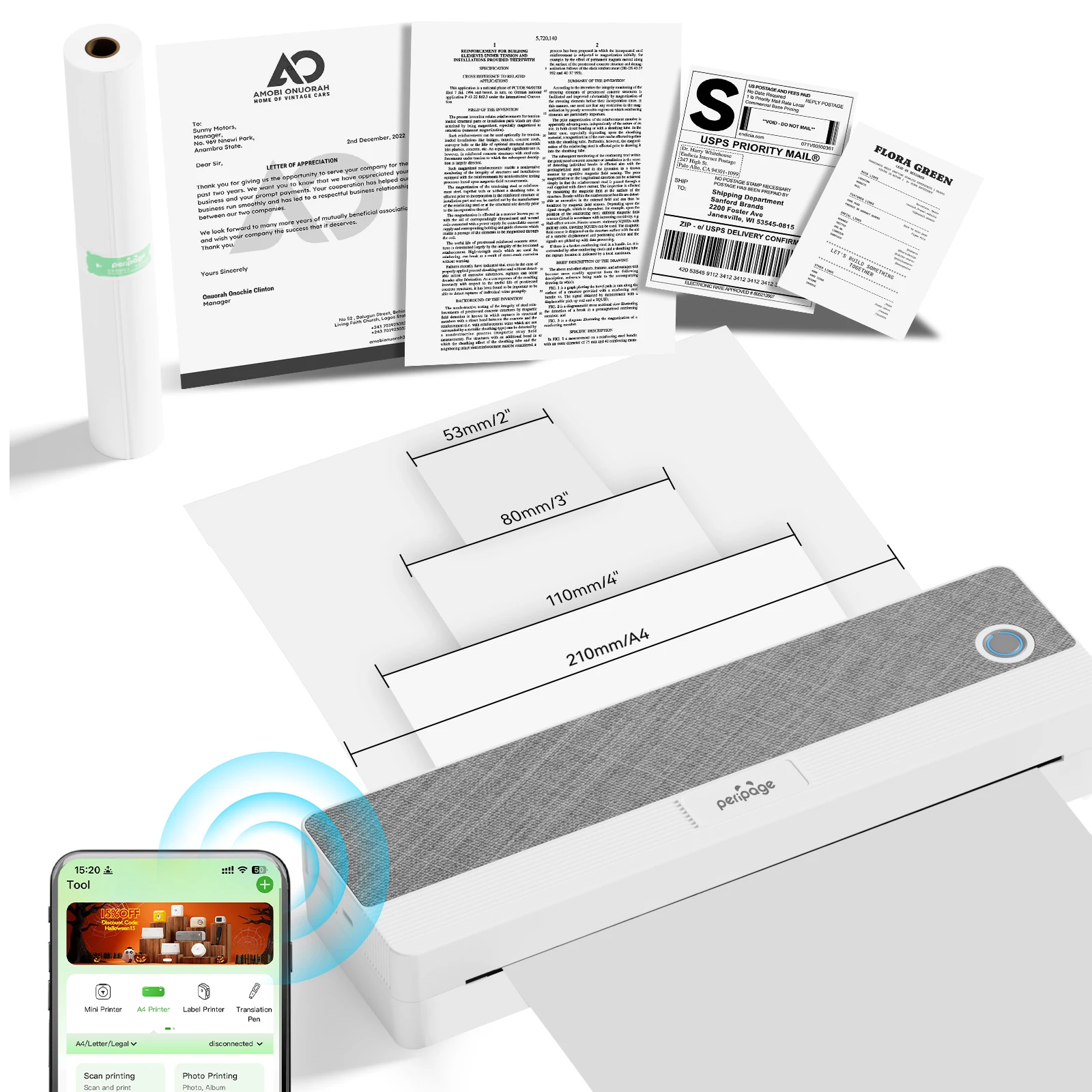 طابعة PeriPage P81 A4 طابعة محمولة لاسلكية حرارية تعمل بالبلوتوث USB آلة حرارية متنقلة PDF وثيقة طابعة مكتب الصور