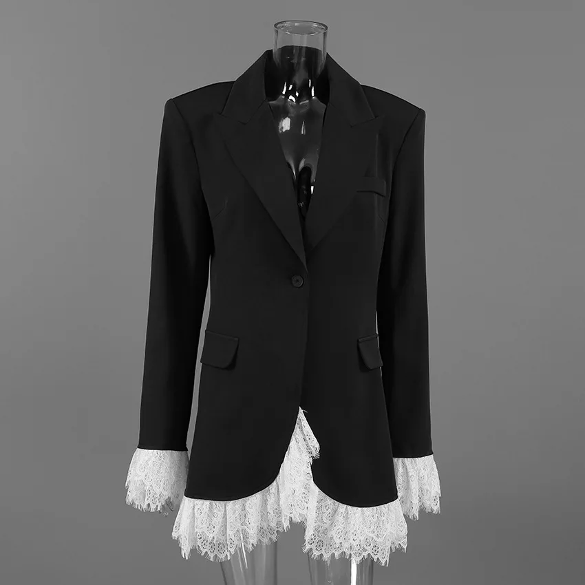 Czarna marynarka damska z koronkowymi wstawkami, falbankami na mankietach, jednorzędowa, elegancka, do biura, w stylu syreny, gotycka, vintage, luksusowa odzież wierzchnia. — zdjęcie 7