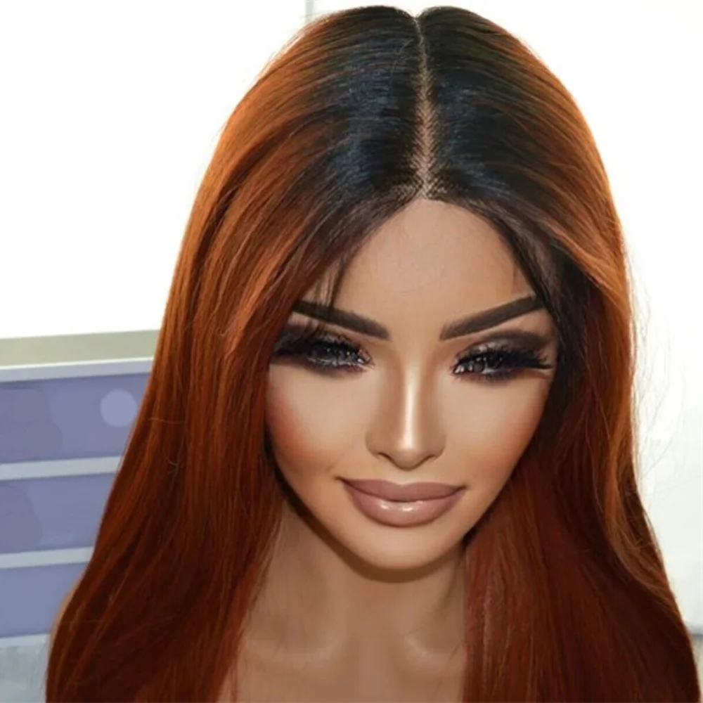 Glueless Long 26Inch 180Density Ombre Orange Straight Lace Front Wig For Women BabyHair Heat Resistant Preplucked Daily