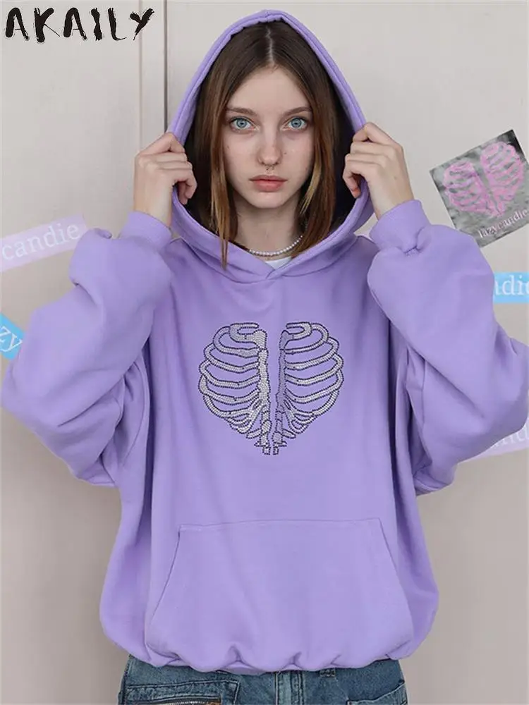 

Akaily Fall Purple Hot Drilling Long Sleeve Hoodies Streetwear Outfits For Women 2023 Fashion Pocket Loose Hooded Sweatshirts