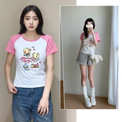 T-shirt patchwork bianca rosa con stampa gatto girocollo T-shirt corte slim carino Kawaii estate 2024 donna giovane casual top a maniche corte