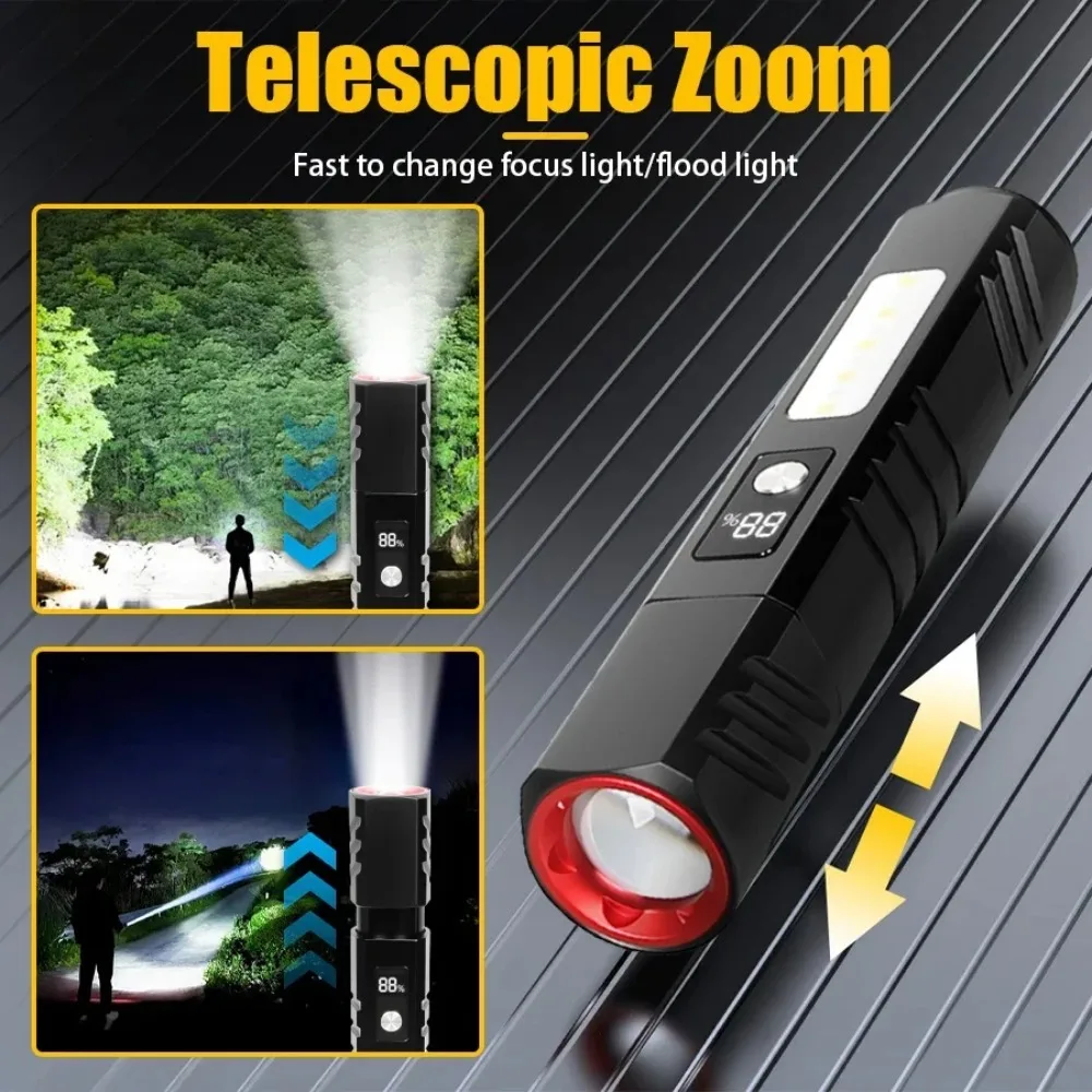 Portable Rechargeable LED Flashlights with Display Screen Zoom Pocket Tactical Torch Lamp Outdoor Camping Emergency Side Light