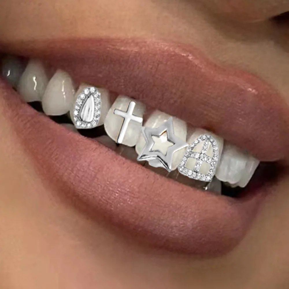 Exquisite Hip-hop Gold Color Inlaid Zircon Cross Hollow Star Tooth Caps Dental Grills for Women Men Cosplay Party Teeth Jewelry